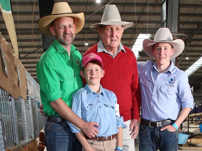 Melbourne Royal Show, Flemington, Carl, George, 11, Colin, 91, and Angus Baldry, 15, from Illabo, NSW,    Picture Yuri Kouzmin