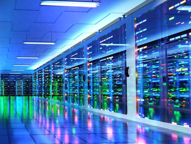Modern server room, corridor in data centre with Supercomputer racks, neon lights and conditioners. 3D rendering illustration