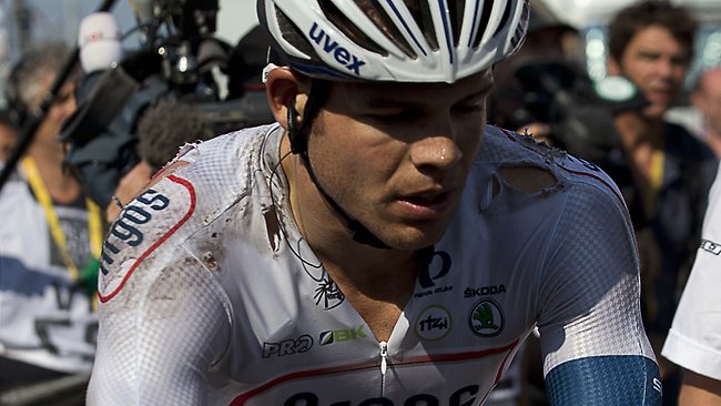 Netherland's Tom Veelers is seen after a fall at the end of the 197 km tenth stage of the 100th edition of the Tour de France.