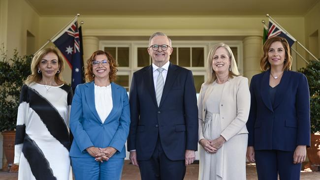 Anne Aly, Amanda Rishworth, Katy Gallagher and Anika Wells were sworn into their new roles at Government House on Monday. Picture: NewsWire/ Martin Ollman