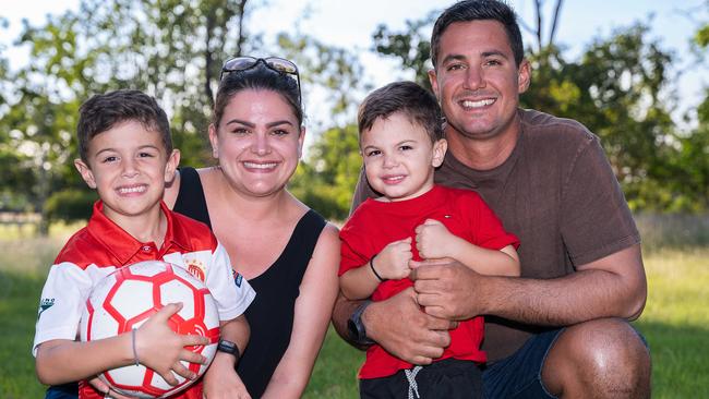 Poppy Pastrikos, pictured with husband Spiros and sons Michael and Mario, has welcomed the 2023-24 NT budget. Picture: Pema Tamang Pakhrin