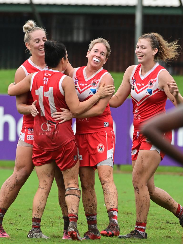 Waratahs Celebrate goal at the St Mary's and Waratah in the NTFL women's qualifying final at TIO Stadium. Picture Julianne Osborne