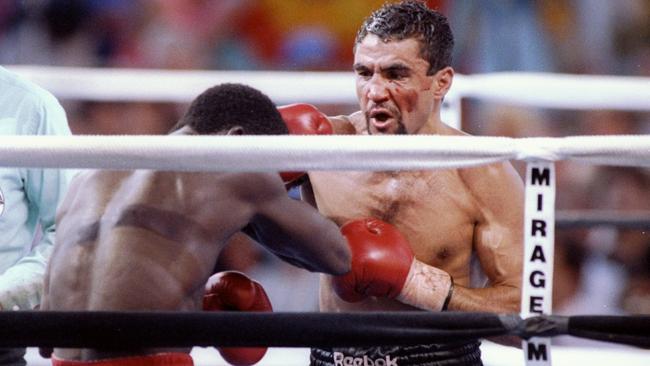 Azumah Nelson trades blows with Jeff Fenech.