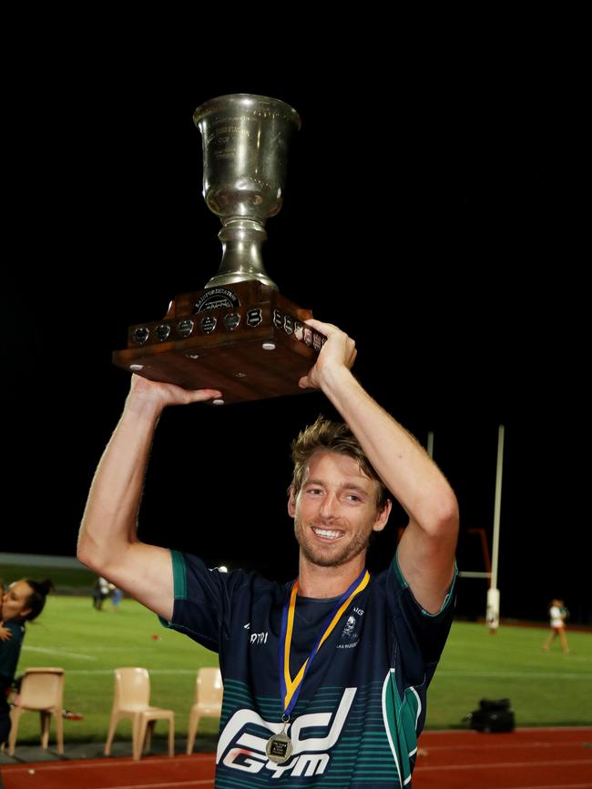 Port Douglas captain Jack Murdaywith the Rainforestation Cup, FNQ Rugby’s A-grade premiership. PICTURE: STEWART McLEAN