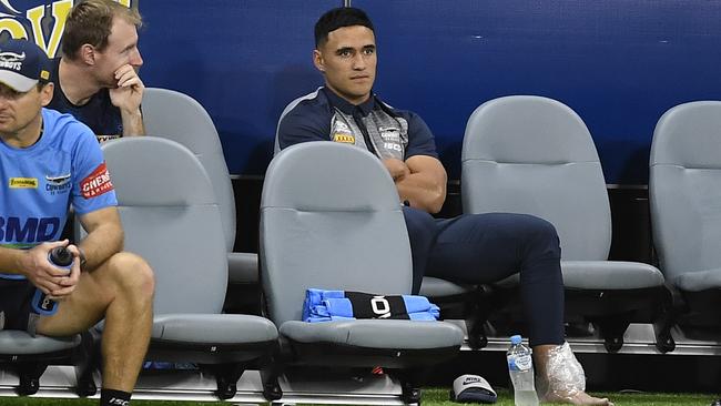 A dejected Valentine Holmes watched on after failing to return in the second half of the Roosters clash. Picture: Getty Images.