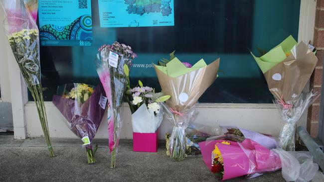 Flowers have been left outside the police station. Picture: NCA NewsWire / Dean Martin