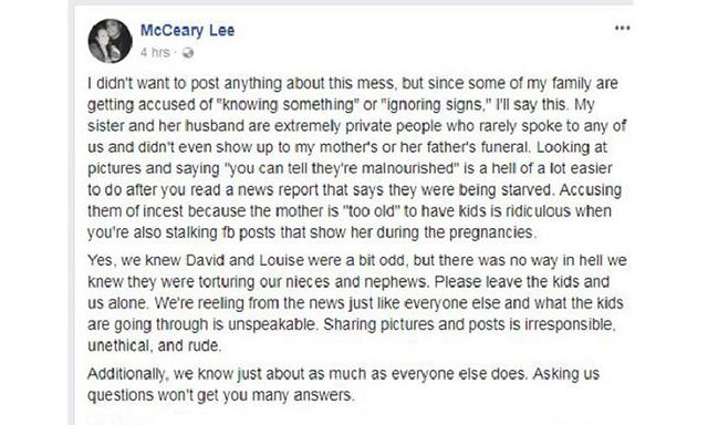 Louise Turpin’s sister says they couple was ‘odd’ but no-one knew ‘they were torturing my nephews and nieces’.Source:Facebook