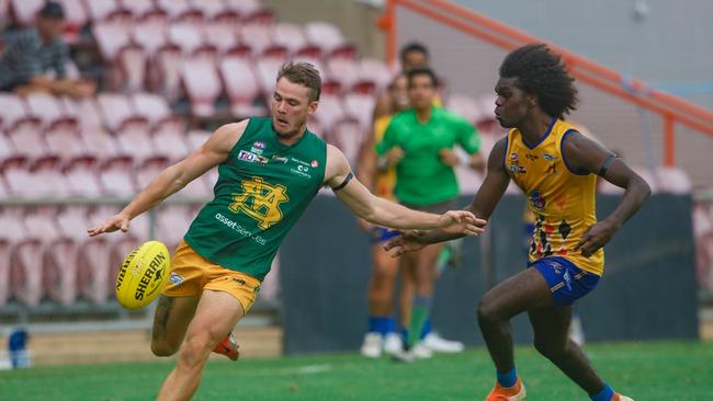 Liam Taylor (L) and Dray Thompson during the NTFL's Round 18 match, St Mary's v Wanderers at TIO Stadium. Picture Glenn Campbell