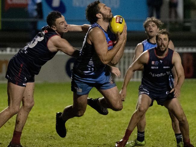 2/7/21 - Action pics of SANFL game between Norwood and Sturt at Norwood Oval. SturtÃs Abaina Davis takes a mark in front of goal which he converted.  Picture: Naomi Jellicoe