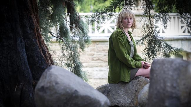 Grassroots Action Network Tasmania organiser Amy Booth after boulders were placed under two sequoia trees in St. David’s Park, Hobart. Picture: Chris Kidd