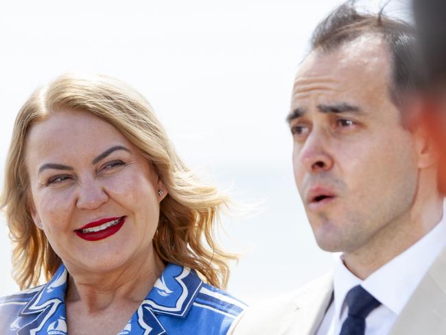 City of Holdfast mayor Amanda Wilson is the new Liberal candidate for seat of Black which David Speirs has left, pictured with Liberal Leader Vincent Tarzia at the Brighton and Seacliff Yacht Club. 12th October 2024. Picture: Brett Hartwig