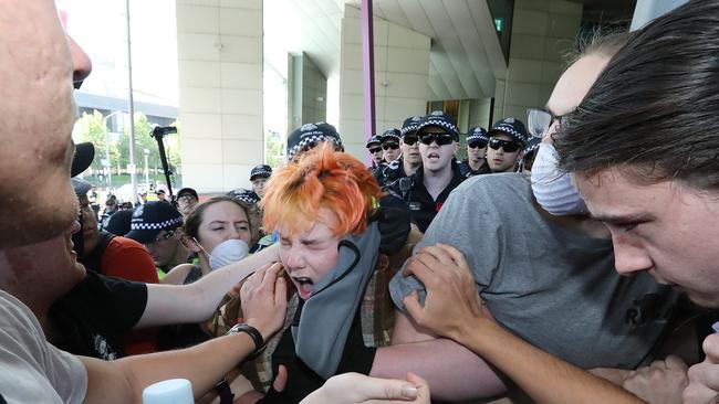 Protesters and police were involved in a scuffle as tensions escalated. Picture: Alex Coppel.