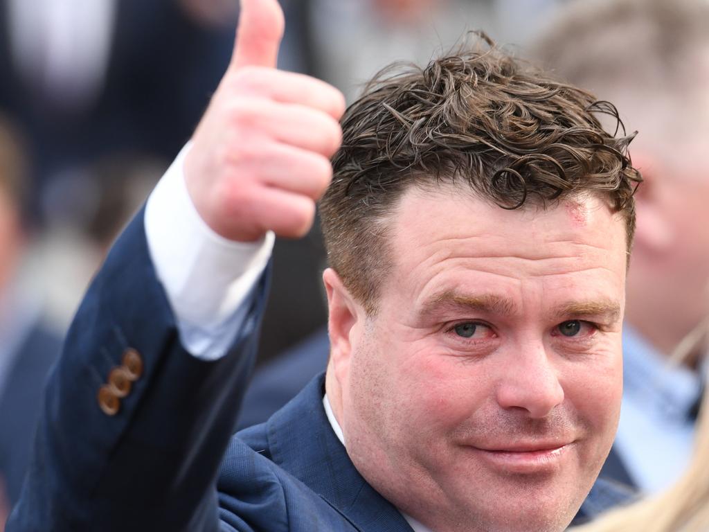 Richard Laming reacts after Linda Meech rode Condo's Express to victory in race 7, the McMahon's Dairy McKenzie Stakes, during the Mitchell McKenzie Stakes Day at Moonee Valley Racecourse in Melbourne, Saturday, August 24, 2019.  (AAP Image/Vince Caligiuri) NO ARCHIVING, EDITORIAL USE ONLY