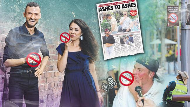 Reporter Matt Young, Cat Fryer and Shane Warne enjoy a smoke - we just can’t show you.