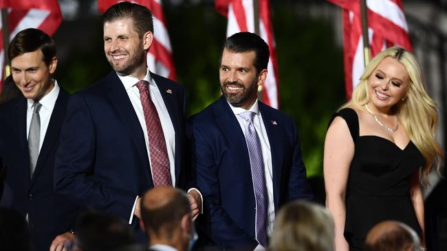 (From L) Jared Kushner, Eric Trump, Donald Trump Jr. and Tiffany Trump en onstage ahead of Donald Trump's acceptance speech. Picture: AFP.