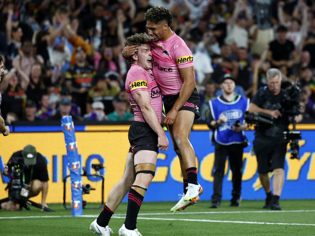 Liam Martin celebrates his try during the thrilled against the Storm. Picture: Jonathan Ng