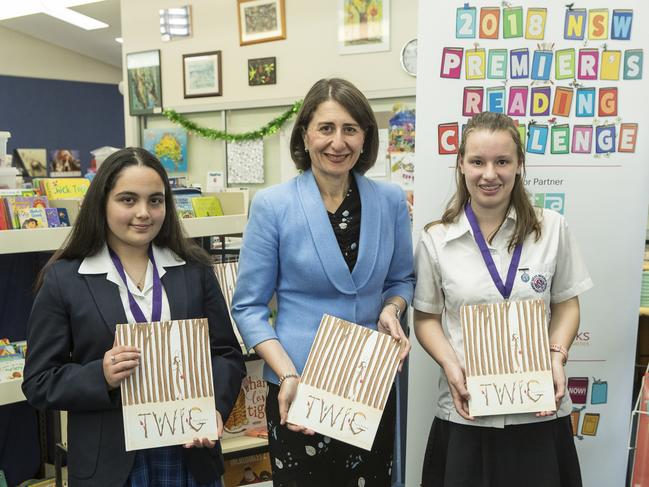 NSW Premier Gladys Berejiklian with medal winners Marwa Sultani and Emma Waldron at the 2018 PRC acknowledgment ceremony.