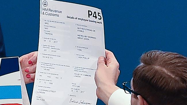 The mock P45 (employee leaving work or unemployment notice form) was ‘issued by’ Boris Johnson.