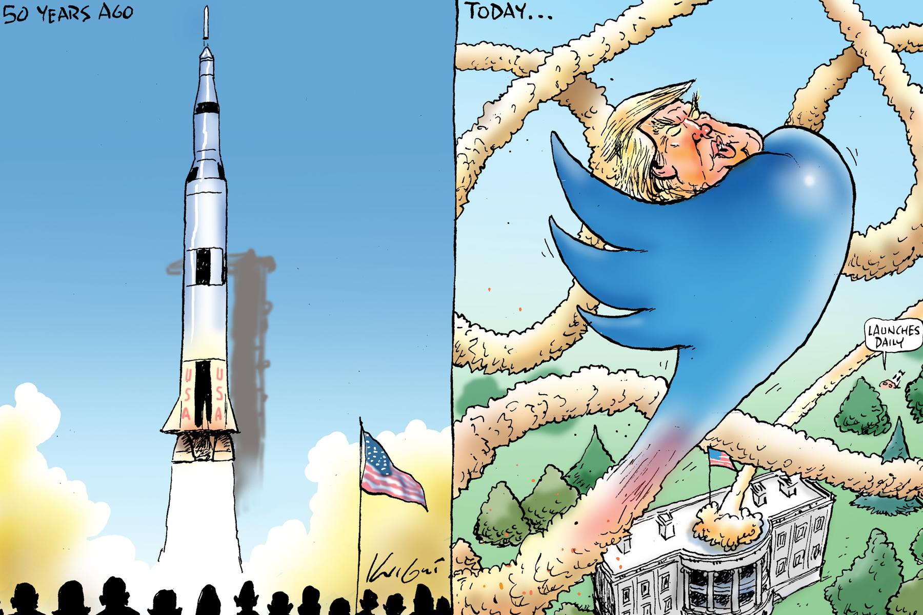 Mark Knight cartoon contrasting the moon landing and US President Donald Trump's outbursts on Twitter.