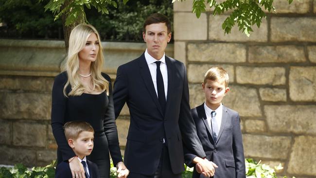 Ivanka Trump, Theo Kushner, Jared Kushner and Joseph Kushner attend the funeral of Ivana Trump. Picture: AFP