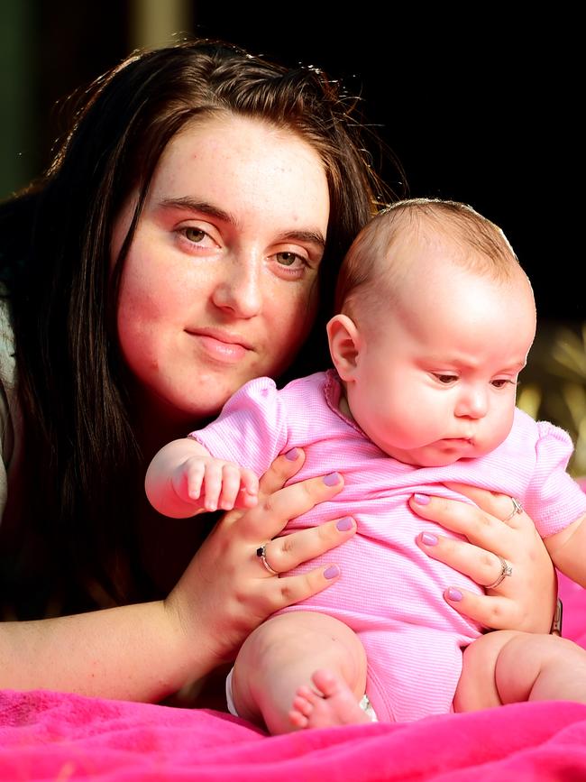 Grace Blacklock with her 4 month old daughter Katie Searle, speaks about raising a baby during COVID-19 lockdown. Picture: Alix Sweeney