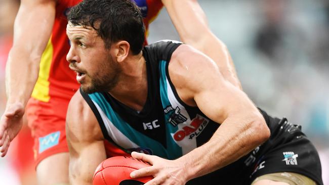 Travis Boak gathers possession during Port Adelaide’s win on Sunday. Picture: Mark Brake/Getty Images.