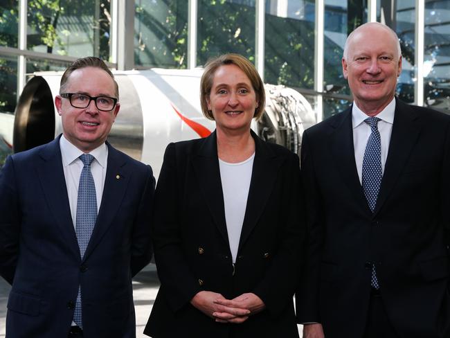 Qantas former CEO Alan Joyce, current CEO Vanessa Hudson and group chairman Richard Goyder in better times at Sydney’s Qantas HQ. Picture: NCA Newswire