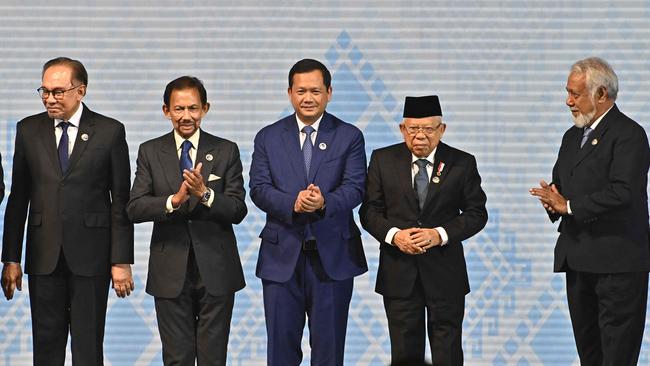 From left: Malaysian Prime Minister Anwar Ibrahim, Brunei's Sultan Hassanal Bolkiah, Cambodia's Prime Minister Hun Mamet, Indonesia's Vice Prime Minister Ma'ruf Amin and East Timor's Prime Minister Kay Rala Xanana Gusmao at the opening ceremony of the ASEAN summits in Laos. Picture: AFP