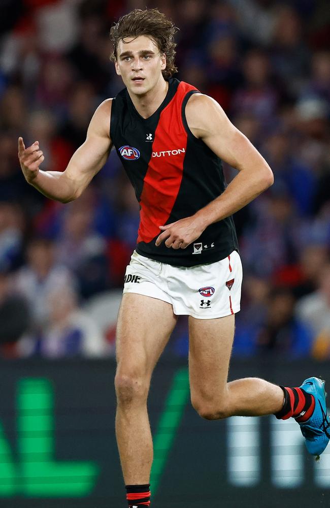 Harrison Jones is reaping the rewards of a full pre-season, and is on the cusp of 50 games in red and black. Picture: Michael Willson/AFL Photos via Getty Images.