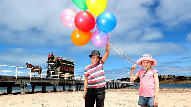 Lila Edkins and friend Oscar McLean, both 9yrs old, at Victor Harbor. Picture: Dylan Coker