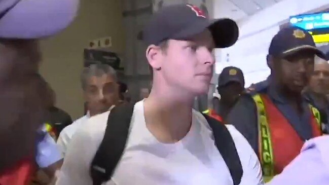 Steve Smith at Johannesburg airport after he was sent home from the 2018 tour following the ball tampering scandal in the third Test at Cape Town.