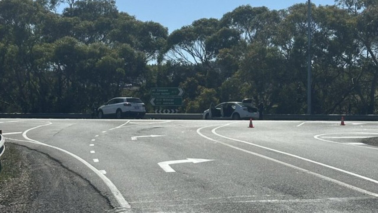 Emergency services at the scene of a serious crash at Willunga Hill, where two cars have collided. Picture: Josephine Shannon/9News