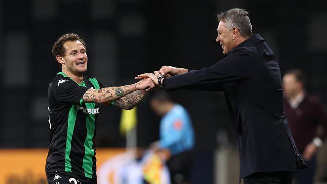 Western United star Alessandro Diamanti celebrates with coach Mark Rudan. Picture: Ryan Pierse/Getty Images