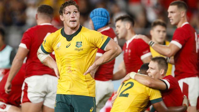 Australia's flanker Michael Hooper reacts after losing the Japan 2019 Rugby World Cup Pool D match between Australia and Wales at the Tokyo Stadium in Tokyo on September 29, 2019. (Photo by Odd ANDERSEN / AFP)