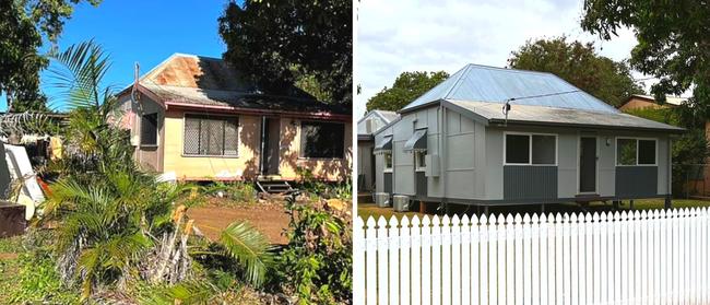 Before and after: Nat Redgrave purchased a 'crack den' three-bedroom home on Craven St, Charters Towers for under $60,000 and renovated it.