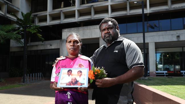 Alison Bernard's mother and uncle Edwina Bernard and Teddy Bernard, pictured with a photo of Alison (left) with her grandmother and sister. The pair were in the Cairns Coroner's Court on the first day of the coronial inquest into Alison Bernard's disappearance in December 2021. Picture: Brendan Radke