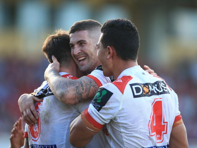 Joel Thompson celebrates St George Illawarra’s win over Manly. Picture: Mark Evans