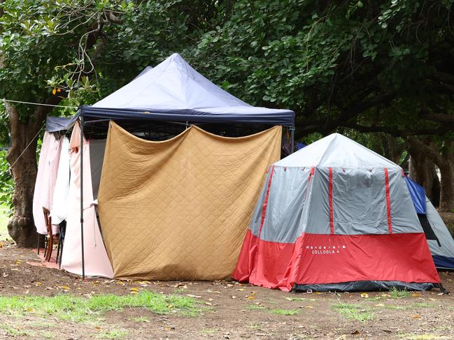 Some of the tents being used by the homeless in Brisbane’s Musgrave Park. Picture: Lachie Millard