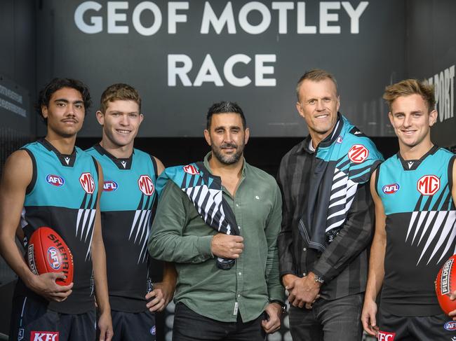 JUNE 21, 2024Port Power players in their throwback jumper at Adelaide Oval as they celebrate 20-years since they won the 2004 premiership over Brisbane. Jase Burgoyne, Mitch Georgiades, Dom Cassini, Dean Brogan, Jackson MeadPicture: RoyVPhotography