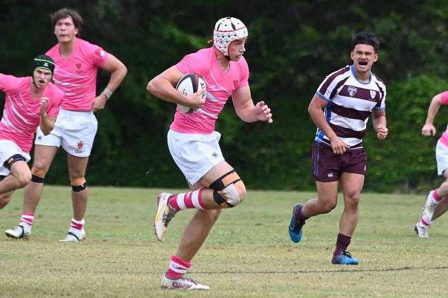 Oli Rauchle on his way to the try line. TAS First XV rugby, St Paul's School v John Paul College. Saturday May 10, 2025. Picture, John Gass