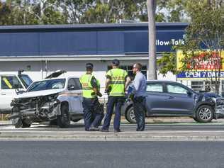 An incident occured on the corner of Dawson Highway and Aerodrome Road at around midday after an escaped prisoner allegedly attempted to flee from police. Picture: Matt Taylor