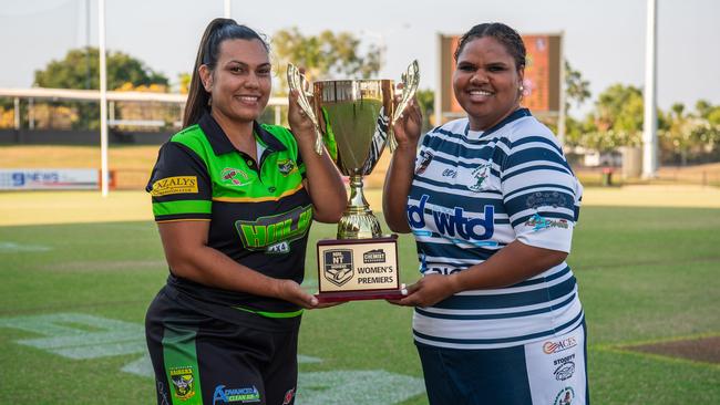 Palmerston Raiders’ captain Briannon Ross and Darwin Brothers’ captain Bianca Scrymgour ahead of the 2023 NRL NT grand final. Picture: Pema Tamang Pakhrin