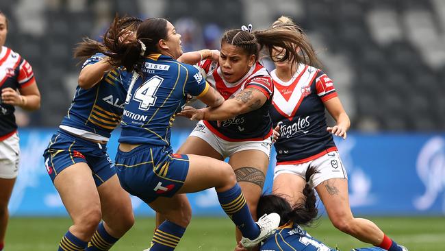 Sarah Togatuki charges into the Eels’ defence. Picture: Matt Blyth/Getty Images