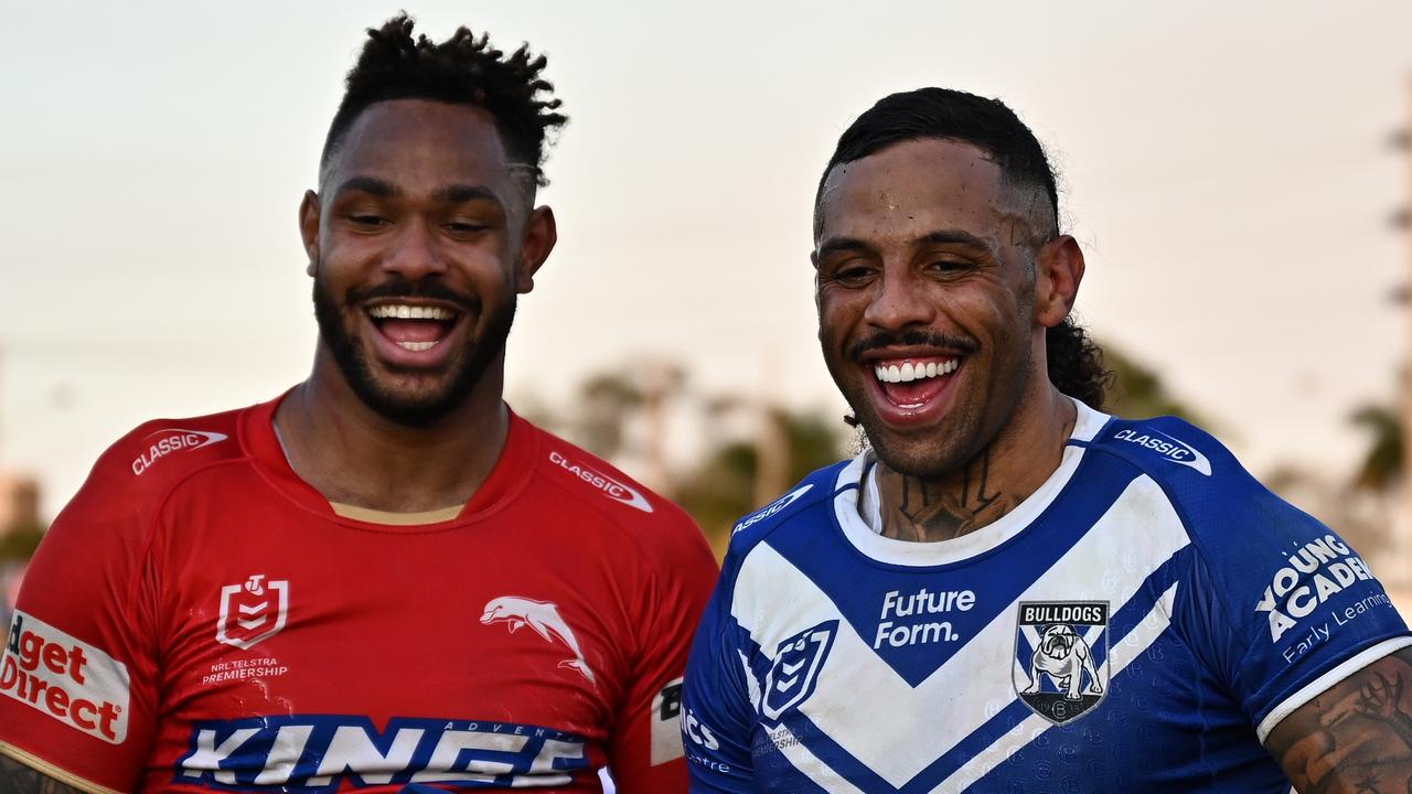 BUNDABERG, AUSTRALIA - AUGUST 17: Hamiso Tabuai-Fidow of the Dolphins and Josh Addo-Carr of the Bulldogs in a post match interview after the round 24 NRL match between Canterbury Bulldogs and Dolphins at Salter Oval, on August 17, 2024, in Bundaberg, Australia. (Photo by Emily Barker/Getty Images)