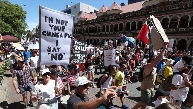 The Freedom Rally in the Brisbane CBD on Saturday. Picture: Annette Dew