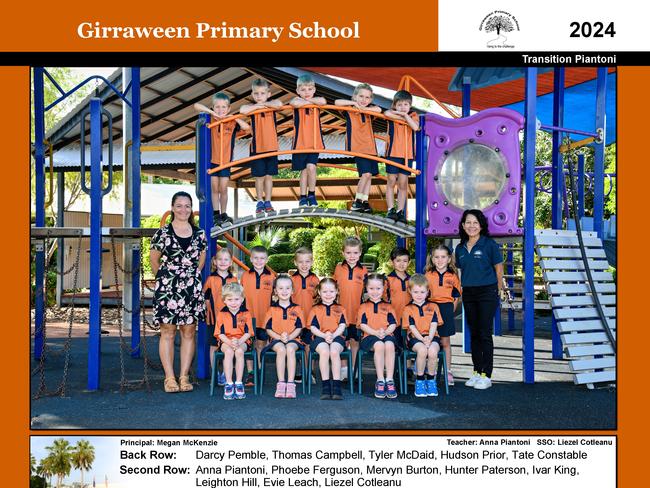 Girraween Primary School Transition Piantoni. Back l-r: Darcy Pemble, Thomas Campbell, Tyler McDaid, Hudson Prior, Tate Constable. Middle l-r: Teacher Anna Piantoni, Phoebe Ferguson, Mervyn Burton, Hunter Paterson, Ivar King, Leighton Hill, Evie Leach and SSO Liezel Cotleanu. Front l-r: Mason Allcorn, Leni Lucas, Maeve Parslow, Elyse Matheson and Blake Goedegebuure.