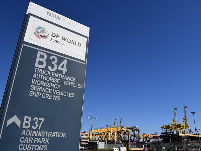 The port operations of DP World are seen at Port Botany, in Sydney, Thursday, July 11, 2019. Sydney DP World employees will strike to fight against automation, outsourcing and cuts to income protection insurance this Thursday and Friday as part of a series of 48 to 96 hour work stoppages planned for container terminals run by Australia's largest stevedore in Sydney, Fremantle, Brisbane, and Melbourne. (AAP Image/Dan Himbrechts) NO ARCHIVING