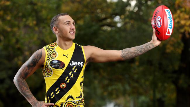 Richmond player Shai Bolton wearing the 2020 Dreamtime at the G guernsey that he designed with his grandmother and family members. Picture: Michael Klein