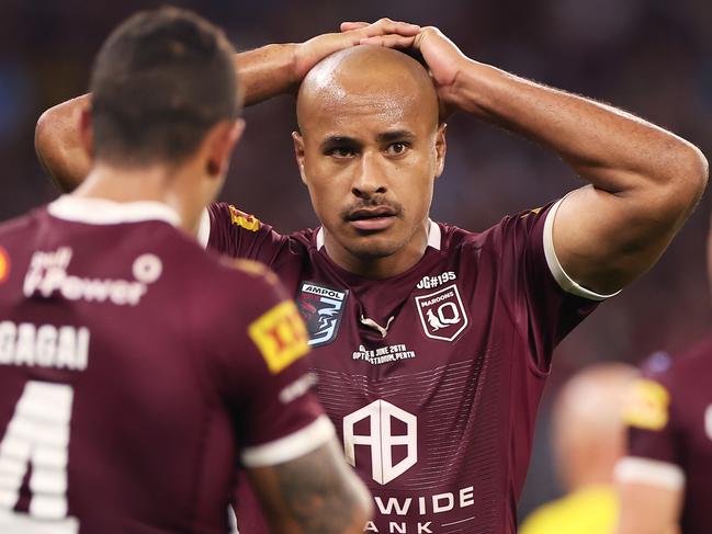 Maroons star Felise Kaufusi admits he needs to ‘dial back’ the aggression but says the enforcer status will remain a part of his game. Picture: Getty Images