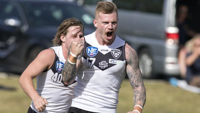 Mitchell Johnson celebrates during the Sharks win against Aspley Picture:TJ Yelds/NEAFL.